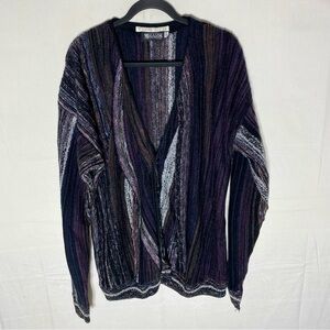 Vintage Megalos Black Purple Gry Striped Textured Knit Button Front Cardigan 2XT